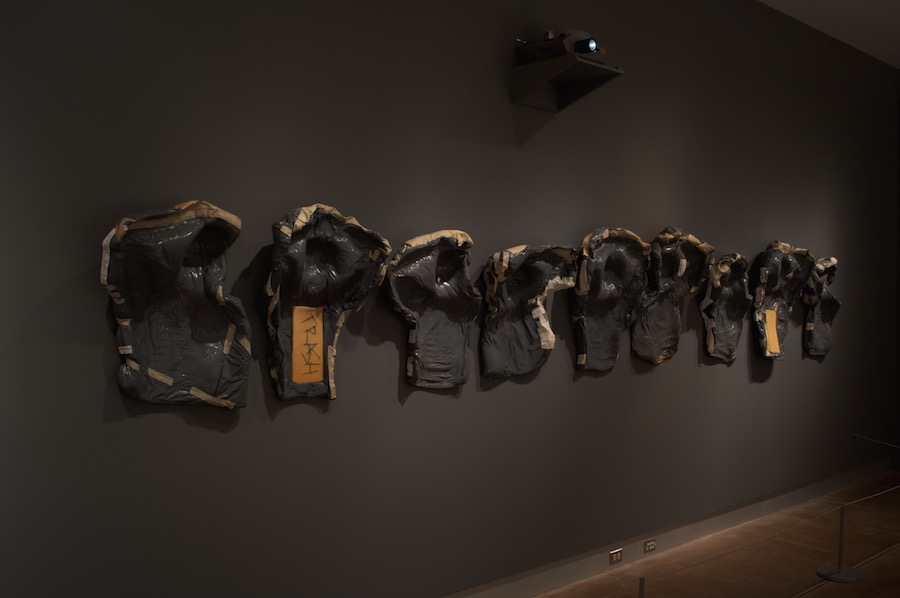CRT Revisited, 2015 — Wall of original hospital molds (plastic), 32″ H. × 220″ L. × 8″ D. — Shirley Klinghoffer