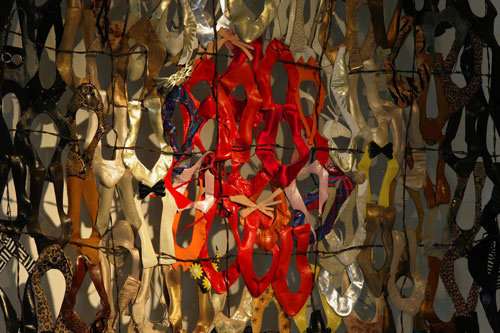 Trapped (detail), 2010 — Used women's shoes, weathered barbed wire — Shirley Klinghoffer